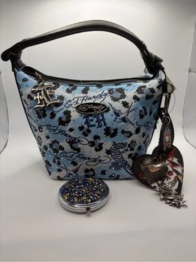 Ed Hardy Blue Leopard Print Mini Hobo Bag w/mirror